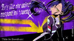  all-out_attack black_hair bodysuit breasts commentary_request gundam gundam_gquuuuuux hair_bun highres long_hair looking_at_viewer mecha_pilot_suit multicolored_bodysuit normal_suit_(gundam) nyaan_(gundam_gquuuuuux) odddd_o open_mouth parody persona science_fiction spacesuit upper_body yellow_eyes 