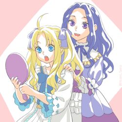  :d :o ahoge alternate_hairstyle artist_name bad_id bad_pixiv_id blonde_hair blue_dress child commentary_request curtained_hair dress filo_(tate_no_yuusha_no_nariagari) forehead frilled_dress frills hair_down hair_ribbon hand_mirror hand_on_another's_shoulder highres holding holding_mirror long_hair long_sidelocks long_sleeves looking_at_another looking_at_reflection melty_q_melromarc minami_seira mirror neck_ribbon official_artist_extra open_mouth pink_background purple_dress purple_hair purple_ribbon ribbon sidelocks sitting smile standing surprised tate_no_yuusha_no_nariagari teeth twintails twitter_username two-tone_dress upper_body upper_teeth_only violet_eyes watermark wavy_hair white_background white_dress 