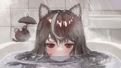  1girl absurdres animal_ear_fluff animal_ears bathtub blush brown_eyes brown_hair cat_ears closed_mouth commentary_request highres indoors long_hair looking_at_viewer multicolored_hair partially_submerged solo streaked_hair tile_wall tiles umbrella water wet white_hair 