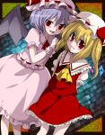  2girls arms_behind_back bad_id bat_wings blonde_hair border fang flandre_scarlet hat lavender_hair marimo_danshaku red_eyes remilia_scarlet short_hair siblings side_ponytail sisters skirt skirt_set smirk tareme touhou tsurime wings 