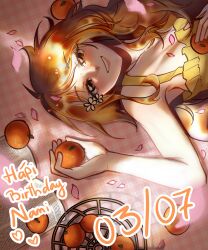  1girl bare_arms bare_shoulders basket birthday blush brown_eyes collarbone dappled_sunlight dated dress english_commentary eyelashes flower food from_above fruit hair_flower hair_ornament happy_birthday heart highres holding holding_food holding_fruit long_hair looking_at_viewer lying mandarin_orange nami_(one_piece) on_back one_piece orange_hair parted_lips petals picnic_blanket pink_petals smile solo sunlight tackebong19 upper_body yellow_dress 