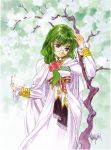 90s absurdres dress fantasy glasses green_background green_hair hair_over_shoulder highres inomata_mutsumi marker_(medium) mutsumi_inomata official_art philia_felice priestess robe robes scan signature tales_of_(series) tales_of_destiny traditional_media tree trees white_dress 