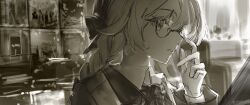  1girl absurdres adjusting_eyewear artist_name braid earrings enna_alouette enna_alouette_(fall_casual) expressionless glasses highres jewelry low_twin_braids monochrome nijisanji nijisanji_en pom_pom_(clothes) pom_pom_earrings profile sawayaka_(swyk_a4) sepia solo twin_braids twitter_username virtual_youtuber watercolor_effect 