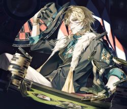  1boy ace_(playing_card) ace_of_hearts ace_of_spades aventurine_(honkai:_star_rail) black_gloves black_jacket blonde_hair card casino chhiii_o_o dealer_(gambling) earrings gloves heart highres honkai:_star_rail honkai_(series) jacket jewelry male_focus parted_lips playing_card poker_chip short_hair solo spade_(shape) 