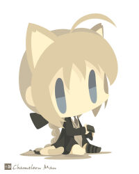 1girl ahoge animal_ears artist_name black_jacket black_thighhighs blonde_hair blue_eyes braid brown_necktie brown_sweater cat_ears cat_girl cat_tail chameleon_man_(three) chibi chibi_only commentary_request full_body jacket japan_maritime_self-defense_force japan_self-defense_force long_hair long_sleeves lynette_bishop necktie no_lineart no_mouth open_clothes open_jacket simple_background single_braid single_thighhigh sitting solo strike_witches striped_clothes striped_thighhighs sweater tail thigh-highs very_long_hair white_background world_witches_series