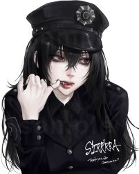  1girl black_hair black_hat black_necktie black_shirt close-up commentary_request crossed_bangs double-parted_bangs fangs hat highres long_hair looking_to_the_side necktie original police police_uniform policewoman red_eyes shirt simple_background sira_julyspring solo upper_body vampire white_background 