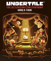  aaron_(undertale) alphys annoying_dog asgore_dreemurr audience bassoon bow bowtie burgerpants cello commentary concert drum drum_set english_commentary frisk_(undertale) ghost highres instrument keyboard_(instrument) mettaton mettaton_(box) microphone mk/ret monster_kid_(undertale) muffet multiple_boys multiple_girls napstablook official_art papyrus_(undertale) red_bow sans_(undertale) sheet_music skeleton stage stage_lights temmie toriel tsunderplane undertale undyne utdr_(toby_fox) vulkin 