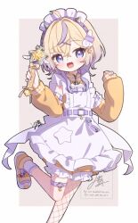  1girl :d ahoge apron belt blonde_hair commentary_request crossed_bangs fishnet_thighhighs fishnets frilled_shorts frills hair_between_eyes hair_ornament hairband holding holding_wand illunetta jacket jersey_maid looking_at_viewer maid maid_headdress medium_hair multicolored_hair nijisanji open_mouth pomelo_punch purple_belt purple_hair purple_hairband shoes shorts single_thighhigh smile socks solo spiked_hairband spikes star_(symbol) star_hair_ornament star_wand thigh-highs thigh_belt thigh_strap two-tone_hair unconventional_maid violet_eyes virtual_youtuber wand white_apron white_socks wing_hair_ornament x_hair_ornament yellow_jacket yellow_shoes yellow_shorts 