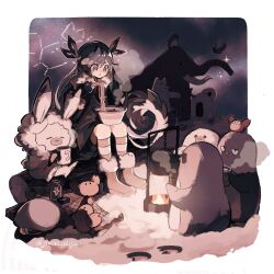  1girl :o animal bear bird black_dress black_gloves black_kimono black_sky blush_stickers boots border bowl campfire chopsticks coffee_mug commentary_request constellation crab cup dress fire food full_body fur-trimmed_boots fur_trim gloves grey_eyes grey_hair hair_ribbon highres holding holding_chopsticks holding_cup igloo japanese_clothes jimini_shijimi kimono long_hair mammoth mug night no_pupils noodles open_clothes open_kimono original outdoors parted_lips penguin pink_boots pink_socks polar_bear ramen ribbon sheep sky slice_of_life snow snow_shelter socks solo steam steaming_food striped_clothes striped_socks twintails twitter_username warm_colors white_border winter 