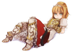  1girl aqua_eyes armored_boots blonde_hair boots bright_pupils closed_mouth commentary_request dress full_body gauntlets high_ponytail layered_dress long_hair lying on_back pepeko ponytail puffy_short_sleeves puffy_sleeves sekaiju_no_meikyuu sekaiju_no_meikyuu_3 shadow short_sleeves silver_tiara simple_background solo sovereign_(sekaiju) sovereign_2_(sekaiju) white_background white_dress white_pupils 