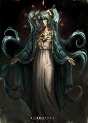  1girl absurdres alternate_costume aqua_cape aqua_hair cape cloak closed_eyes commentary dress english_commentary glorianell_art hair_ornament hatsune_miku heart highres jewelry laurel_crown long_hair necklace robe solo star_(symbol) twintails very_long_hair vocaloid white_dress 