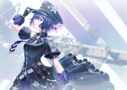  1girl absurdres ammunition_pouch asymmetrical_sleeves belt blurry blurry_background braid braided_sidelocks breasts collared_dress commentary_request cowboy_shot depth_of_field detached_sleeves dress epaulettes fingerless_gloves frilled_gloves frilled_skirt frills gloves hand_on_headwear hand_up hat high_collar highres international_space_station kamitsubaki_studio koko_(kamitsubaki_studio) looking_at_viewer medium_hair mismatched_sleeves neck_ribbon necktie official_alternate_costume official_art peaked_cap pouch puffy_detached_sleeves puffy_short_sleeves puffy_sleeves purple_gloves purple_hair purple_hat purple_necktie radiator radiator_panels ribbon second-party_source short_hair short_sleeves sidelocks single_bare_shoulder skirt smile solar_panel solo star_(symbol) swav truss violet_eyes 