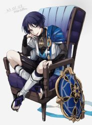  1boy :p anemo_symbol_(genshin_impact) arm_rest armor belt bishounen black_belt black_bodysuit black_bow black_hair black_sandals black_shorts blue_cape blue_gem blue_hat blue_jingasa blue_kimono blue_sleeves blunt_ends bodysuit bow bridal_gauntlets cape chair covered_collarbone dated eyeliner feathers fingernails full_body gem genshin_impact gold gold_ring grey_bridal_gauntlets grey_eyes grey_pupils hakama hakama_shorts hand_on_own_cheek hand_on_own_face hand_up hat highres japanese_armor japanese_clothes jingasa juban kari_flower_uma kimono kote kurokote layered_sleeves leg_warmers looking_at_viewer makeup male_focus mandarin_collar middle_ring multicolored_hair open_clothes open_kimono pleated_shorts pom_pom_(clothes) purple_hair red_eyeliner sandals scaramouche_(genshin_impact) short_sleeves shorts shoulder_peek side_cape sitting solo stirrup_legwear streaked_hair toeless_legwear toenails tongue tongue_out tsurime unworn_hat unworn_headwear wanderer_(genshin_impact) white_background white_kimono white_leg_warmers white_sleeves white_trim wispy_bangs yellow_feathers zouri 