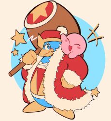  +++ beak bird blue_eyes blush blush_stickers closed_eyes english_commentary fur-trimmed_jacket fur_trim gloves hat holding holding_mallet holding_weapon jacket king_dedede kirby kirby_(series) lisuchi looking_at_viewer mallet no_humans open_mouth penguin red_hat red_jacket simple_background smile star_(symbol) waving weapon 
