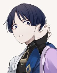  1boy 1girl bishounen black_bodysuit black_bridal_gauntlets black_hair blue_cape blue_eyes blunt_ends bodysuit bridal_gauntlets bright_pupils cape choppy_bangs constricted_pupils eyeliner female_pov fingernails genshin_impact highres japanese_clothes kari_flower_uma kimono long_sleeves looking_at_hand makeup mandarin_collar mother_and_child mother_and_son open_clothes open_hand open_kimono open_mouth parent_and_child pink_nails pink_sleeves pov pov_hands raiden_shogun reaching reaching_towards_another red_eyeliner scaramouche_(genshin_impact) side_cape wanderer_(genshin_impact) white_background white_kimono white_mouth white_pupils white_sleeves wide-eyed 