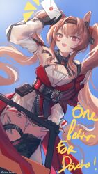  1girl absurdres angelina_(arknights) angelina_the_mellow_wish_(arknights) animal_ears arknights arm_up artist_name bare_shoulders black_gloves black_hairband black_thighhighs bright_pupils brown_hair commentary cowboy_shot day dress english_commentary english_text gloves hairband highres holding holding_letter infection_monitor_(arknights) layered_dress letter long_hair long_sleeves material_growth notice_lines orange_hairband oripathy_lesion_(arknights) red_dress red_eyes romaji_text solo standing thigh-highs twintails watermark white_dress white_pupils yukikochenk 