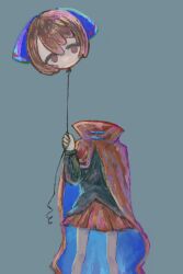  1girl absurdres black_shirt blue_bow blue_cloak bow cloak commentary disembodied_head floating_head green_background hair_bow highres holding long_sleeves looking_at_viewer omaega_chan red_cloak red_eyes red_hair red_skirt ribbon-trimmed_bow ribbon_trim sekibanki shirt short_hair simple_background skirt solo touhou two-tone_cloak 