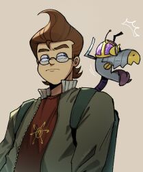 2boys aged_up brown_hair glasses goddard_(jimmy_neutron) izzy_(izbubbles) jimmy_neutron jimmy_neutron_(series) long_sleeves looking_at_viewer male_focus multiple_boys non-humanoid_robot robot robot_animal robot_dog shirt short_hair simple_background sweater 
