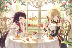  2girls arm_strap artist_name bare_shoulders black_bow black_dress black_hair black_ribbon black_sleeves blonde_hair blue_eyes blunt_bangs bow breasts bush cake cake_slice chair chandelier chest_bow closed_eyes closed_mouth collarbone colored_inner_hair columbina_(genshin_impact) commentary cup cupcake curtains day detached_collar detached_sleeves dress eye_mask feathered_wings flower food frills fruit genshin_impact gloves gradient_hair hair_bow hair_bun hair_ornament hair_tubes hand_on_own_face hand_up head_wings highres holding holding_cup icing indoors jam jar kettle kitchen_knife knife leaf long_hair long_sleeves looking_at_another mask medium_breasts multicolored_hair multiple_girls multiple_wings off-shoulder_dress off_shoulder on_chair pastry petals pink_flower pink_hair pink_rose pudding purple_flower red_flower red_rose ribbon rose sandrone_(genshin_impact) sandwich sarablanche shadow short_hair_with_long_locks sidelocks sitting sky sleeveless sleeveless_dress smile steam strawberry sunlight table tea tea_party teacup tiered_tray tray two-tone_dress two-tone_hair untranslatable_commentary very_long_hair white_bow white_dress white_gloves white_headdress white_mask white_sky wide_sleeves winding_key window wings wrist_bow x_hair_ornament 