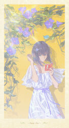  1girl absurdres adjusting_hair bird black_eyes black_hair blue_bird book border character_name closed_mouth collarbone dress expressionless flower flower_hairpin hair_ornament hairclip hand_up hands_up highres holding holding_book kuonji_alice kuonji_alice_(second_ascension) leaf light_rays looking_at_viewer lost_robin_rondo lryen mahou_tsukai_no_yoru morning_glory open_book plant purple_flower reading shade shadow short_hair short_sleeves sidelighting signature solo summer sunlight vines waist_ribbon white_dress yellow_background 