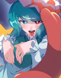  1girl blue_eyes blue_hair blue_vest heterochromia highres karakasa_obake looking_at_viewer medium_hair mismatched_sclera nitronitamago open_mouth red_eyes shirt solo tatara_kogasa teeth tongue tongue_out touhou traditional_youkai umbrella upper_teeth_only vest white_shirt 