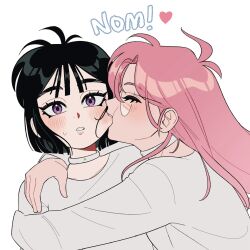  2girls alien_stage biting biting_cheek black_hair blush choker closed_eyes commentary glasses heart highres long_hair mizi_(alien_stage) multiple_girls pink_hair short_hair sn077 sua_(alien_stage) violet_eyes white_choker yuri 