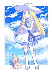  1girl absurdres bag blonde_hair blue_sky blunt_bangs braid clouds dress duffel_bag green_eyes hat highres lillie_(pokemon) long_hair mimikyu open_mouth parted_lips pokemon pokemon_(creature) pokemon_sun_and_moon shocho_(shaojiujiu) shoes sky sleeveless sleeveless_dress socks sun_hat sundress twin_braids white_dress white_hat white_socks wingull 