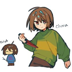  2others androgynous blue_sweater boots brown_hair chara_(undertale) closed_eyes closed_mouth commentary_request dande_lion2604 english_text frisk_(undertale) green_sweater highres holding holding_stick knife long_sleeves looking_at_viewer multiple_others other_focus red_eyes shirt short_hair shorts simple_background smile stick striped_clothes striped_sweater sweater undertale utdr_(toby_fox) white_background 