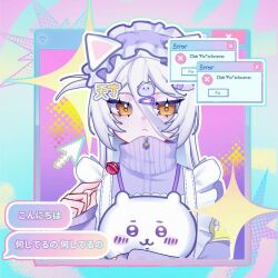  1girl animal_ear_headwear animal_ears apron candy cat_ears chiikawa_(character) commentary cube cursor error_message food frilled_straps frown grey_hair hair_between_eyes henya_the_genius henya_the_genius_(jersey_maid) highres holding holding_candy holding_food holding_lollipop indie_virtual_youtuber jacket jersey_maid lollipop long_bangs long_hair maid purple_jacket purple_track_suit rubik's_cube solo sparkle track_suit unconventional_maid untranslatable_commentary virtual_youtuber window_(computing) yayayaywwi yellow_eyes 