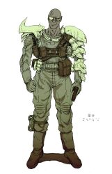  1boy ammunition_pouch armor bald boots commentary dark-skinned_male dark_skin english_commentary eyepatch facing_viewer gloves gun handgun highres knife load-bearing_equipment looking_at_viewer military military_uniform mykell_pledger original pauldrons pouch shoulder_armor single_arm_armor solo_focus spiked_pauldrons spikes standing weapon white_background 