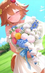  absurdres blue_ribbon bouquet closed_eyes commentary dress duplicate flower grass highres matikanefukukitaru_(umamusume) orange_hair orange_tail r1on_22 ribbon sky umamusume untranslatable_commentary wedding wedding_dress 