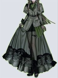  1girl belt black_belt black_dress black_gloves black_hair black_pantyhose black_wrist_cuffs commentary commission dress english_commentary eyes_out_of_frame facing_viewer fashion glint gloves green_shirt grey_hair head_out_of_frame highres holding_own_dress jewelry juliet_sleeves lace lace-trimmed_dress lace_gloves lace_trim long_hair long_sleeves nanoka_san original pantyhose pendant puffy_sleeves see-through_clothes see-through_dress shirt silver_chain solo standing thigh_belt thigh_strap wrist_cuffs 