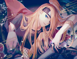  1boy akatsuki_uniform asymmetrical_bangs black_eyeliner black_nails blonde_hair chromatic_aberration crop_top dated deidara_(naruto) eyeliner fishnet_top fishnets forehead_protector grey_shirt happy high_ponytail holding holding_kunai holding_weapon kunai light_particles long_hair looking_at_viewer makeup male_focus one_eye_closed open_clothes open_mouth open_robe pants ponytail robe shirt sitting solo statue weapon white_pants yasato 