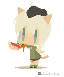  1girl animal_ears artist_name black_shoes black_skirt blue_eyes cat_ears cat_girl cat_tail chameleon_man_(three) character_request chibi chibi_only commentary_request double-parted_bangs food full_body green_shirt green_socks hair_between_eyes holding holding_food no_lineart pizza pizza_slice shirt shoes short_hair short_sleeves simple_background skirt socks solo standing strike_witches tail white_background white_hair world_witches_series 
