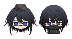  2girls :3 android black_hair black_hat blue_eyes chibi chibi_only commentary covered_mouth eule_(signalis) eyeshadow hat looking_at_viewer makeup mask mouth_mask multiple_girls portrait red_eyeshadow short_hair signalis simple_background skin_seams smile star_(signalis) straight-on untranslatable_commentary white_background zhuotian 