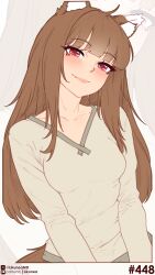  1girl absurdres animal_ear_fluff animal_ears blunt_bangs blush breasts brown_hair closed_mouth collarbone commentary english_commentary fang grey_shirt highres holo likunea long_hair long_sleeves looking_at_viewer medium_breasts patreon_logo patreon_username red_eyes shirt smile solo spice_and_wolf tail twitter_username twitter_x_logo wolf_ears wolf_girl wolf_tail zoom_layer 