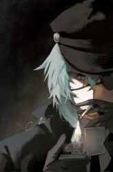  1boy anaxa_(honkai:_star_rail) aqua_hair black_cloak black_gloves black_hat blue_eyes cigarette cloak deimos3350 eyepatch gloves hair_between_eyes hat highres holding holding_cigarette holding_lighter honkai:_star_rail honkai_(series) jacket lighter lighting_cigarette male_focus medium_hair signature smoking solo zippo_lighter 