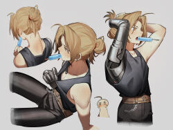  1boy absurdres adjusting_hair ahoge arms_up automail belt black_pants black_tank_top blush brown_belt commentary cropped_legs curtained_hair dyga2tu4 edward_elric food food_in_mouth fullmetal_alchemist grey_background highres hot invisible_chair long_hair male_focus mechanical_arms mouth_hold multiple_views nape nose_blush pants popsicle popsicle_in_mouth shoulder_blush simple_background single_mechanical_arm sitting sweat tank_top teeth_hold yellow_eyes 