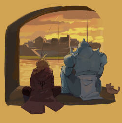  2boys 4sssst ahoge alphonse_elric animal armor blonde_hair braid braided_ponytail cat coat edward_elric fishing fishing_rod flamel_symbol from_behind full_armor full_body fullmetal_alchemist highres holding holding_fishing_rod hood hood_down hooded_coat house living_armor male_focus multiple_boys outdoors red_coat river sitting sky 