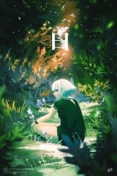  1girl artist_logo artist_name aurahack black_shirt blue_eyes blurry blurry_foreground depth_of_field flower from_behind grass highres logo looking_at_viewer looking_back original overlighting parted_lips patreon_username shirt short_hair sitting solo white_hair 