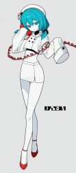  1girl antique_phone aqua_eyes aqua_hair bare_legs commentary ddongmura expressionless flat_chest full_body grey_background hat hat_ornament hatsune_miku high_heels highres holding holding_phone looking_at_viewer low_twintails midriff miniskirt navel pale_skin phone red_shoes shoes short_twintails simple_background skirt sleeve_cuffs sleeves_past_fingers sleeves_past_wrists twintails vocaloid white_hat white_skirt wonder_(vocaloid) 