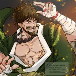  1boy bandaged_arm bandages bead_necklace beads beard brown_eyes brown_hair commentary_request dougi embers facial_hair fighting_stance fingerless_gloves fire gloves goatee green_kimono japanese_clothes jewelry kimono kusanagi_saishu male_focus mature_male mma_gloves muscular mustache necklace neli_mmnn open_mouth pectorals pyrokinesis short_hair signature simple_background smile snk solo sun_print teeth the_king_of_fighters thick_eyebrows wide_sleeves 