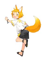  1boy :d animal_ears black_shorts blonde_hair chigoneya_ayato dairoku_ryouhei fang fox_boy fox_ears fox_tail ribbon sandals shirt short_hair shorts smile solo standing standing_on_one_leg sudachi_tall tail transparent_background white_shirt wrist_ribbon 