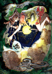  1girl bell bottle brown_eyes brown_hair brown_sandals chromatic_aberration full_body full_moon futatsuiwa_mamizou glasses green_hat hat hat_bell highres itomugi-kun jingle_bell large_tail looking_at_viewer moon night raccoon_girl raccoon_tail sake_bottle sandals shirt short_sleeves skirt smile solo tail touhou yellow_shirt yellow_skirt 