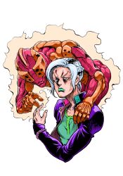  2boys araki_hirohiko_(style) braid commentary_request constricted_pupils cropped_torso curtained_hair forehead glaring green_lips green_shirt half_up_braid hand_on_another's_shoulder highres jacket jojo_no_kimyou_na_bouken jojo_pose lips lipstick looking_at_viewer makeup male_focus multiple_boys open_clothes open_jacket original parody purple_jacket sanpaku shirt sidelocks simple_background sleeves_past_wrists stand_(jojo) tonikaku upper_body upturned_eyes white_background white_hair wrist_chain yellow_aura 