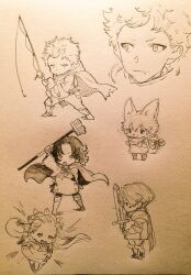  3boys animal_ears armor arms_up bag boots broom chibi cloak closed_mouth commentary_request cropped_head deformed dress fishing_rod full_body furry furry_male graphite_(medium) holding holding_broom holding_fishing_rod holding_sword holding_weapon jacket jun_(navigavi) leg_armor long_hair looking_at_viewer looking_to_the_side lower_teeth_only medium_hair monochrome multiple_boys multiple_views open_mouth original pants paper_background photo_(medium) shoes short_hair shoulder_armor sketch smile sword teeth traditional_media weapon 