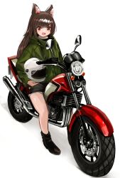  1girl animal_ear_fluff animal_ears black_shorts boots brown_boots brown_hair cat_ears cat_girl commentary_request full_body green_jacket hair_between_eyes helmet highres holding holding_unworn_helmet jacket long_hair long_sleeves looking_at_viewer motor_vehicle motorcycle on_motorcycle open_mouth original po!_(popoemo) red_eyes shorts simple_background sitting solo unworn_headwear unworn_helmet white_background 