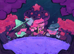  1girl 1other 2boys animal_ears armlet blue_skin bracelet cape card_kingdom_(deltarune) chibi chibi_only colored_skin colored_teeth commentary deltarune english_commentary furry furry_female furry_male goat_boy goat_ears grass green-framed_eyewear green_robe highres jewelry kris_(dark_world)_(deltarune) kris_(deltarune) lancer_(deltarune) multiple_boys pink_cape pink_scarf pink_skin ralsei ralsei_(hat) reptile_girl robe scarf seiishin spiked_armlet spiked_bracelet spikes star_(symbol) susie_(dark_world)_(deltarune) susie_(deltarune) the_fun_gang tree utdr_(toby_fox) yellow_teeth 