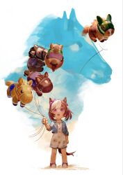  1girl :o aged_down animal_ears balloon blue_jacket bow braid brown_hair buttons character_balloon commentary dress ear_bow el_condor_pasa_(racehorse) full_body golden_generation_(umamusume) grass_wonder_(racehorse) highres holding holding_balloon holding_string horse_ears horse_girl horse_tail jacket king_halo_(racehorse) multicolored_hair open_mouth purple_bow seiun_sky_(racehorse) sirius_ica socks solo special_week_(casual)_(umamusume) special_week_(racehorse) special_week_(umamusume) standing string tail teeth two-tone_hair umamusume untranslatable_commentary upper_teeth_only violet_eyes white_dress white_hair white_socks 