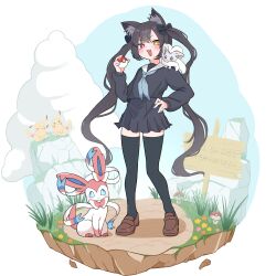  1girl absurdres animal_ears black_hair black_shirt black_skirt black_thighhighs brown_shoes cat_ears cat_girl character_request cinccino commentary_request ditto fang hand_on_own_hip heterochromia highres holding holding_poke_ball jburtenmm26 long_hair looking_at_viewer open_mouth pikachu poke_ball poke_ball_(basic) pokemon pokemon_(creature) red_eyes school_uniform serafuku shirt shoes skirt smile solo sylveon thigh-highs transformed_ditto twintails yellow_eyes 